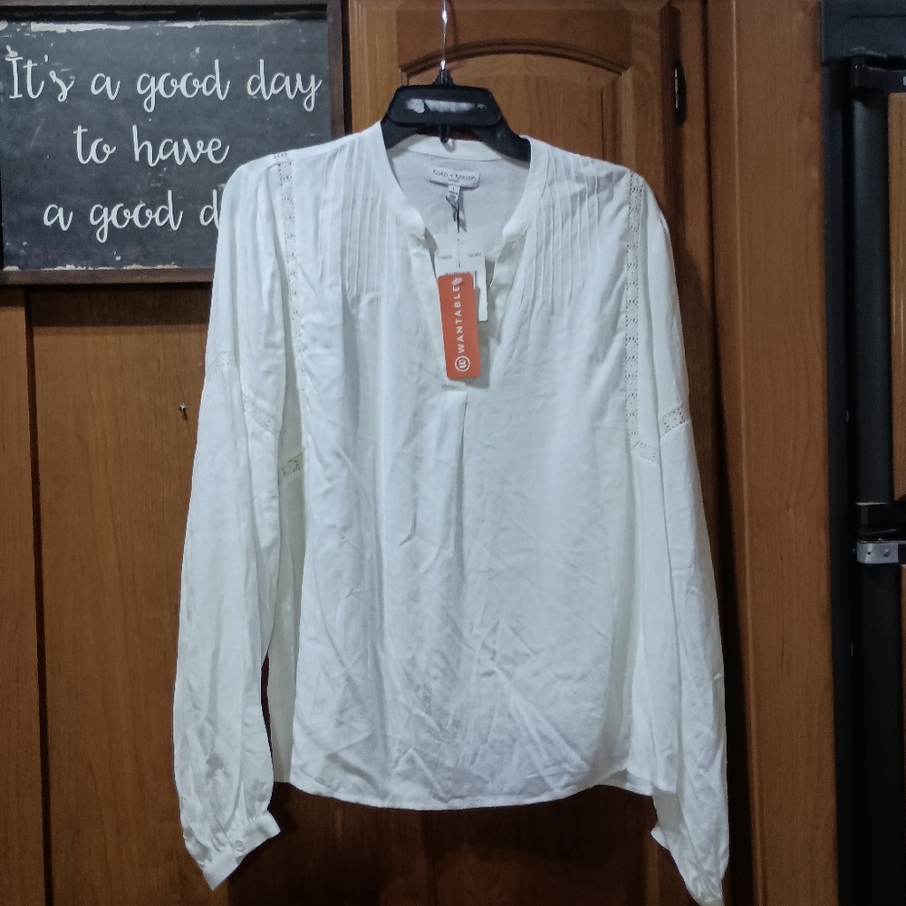 NWT Koko +Mason White Ivory Long Sleeve Lace & Small Swiss Dot PrintBlouse Large